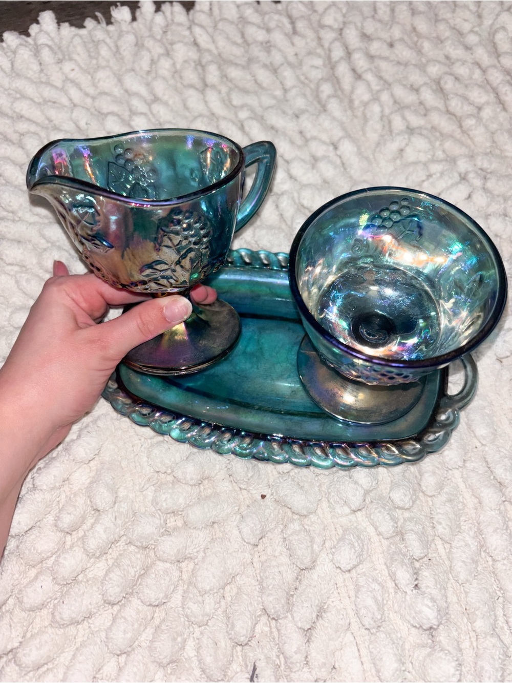 Iridescent Teal Carnival Glass Creamer and Sugar Set